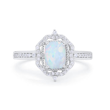 Halo Emerald Cut Wedding Ring Lab Created White Opal 925 Sterling Silver